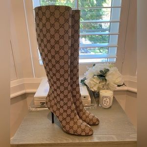 Gucci - Original GG Monogram - Knee High 80mm Boots - Beige Ebony - Size 36
